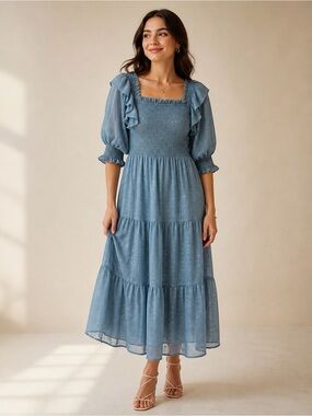 JessaKae Starling Maxi Dress Tiered Ruffle Puff Sleeve Blue Size XL Smocked